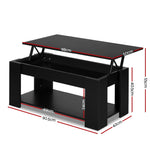Black lift top coffee table with storage, shelving, and size dimensions in centimeters