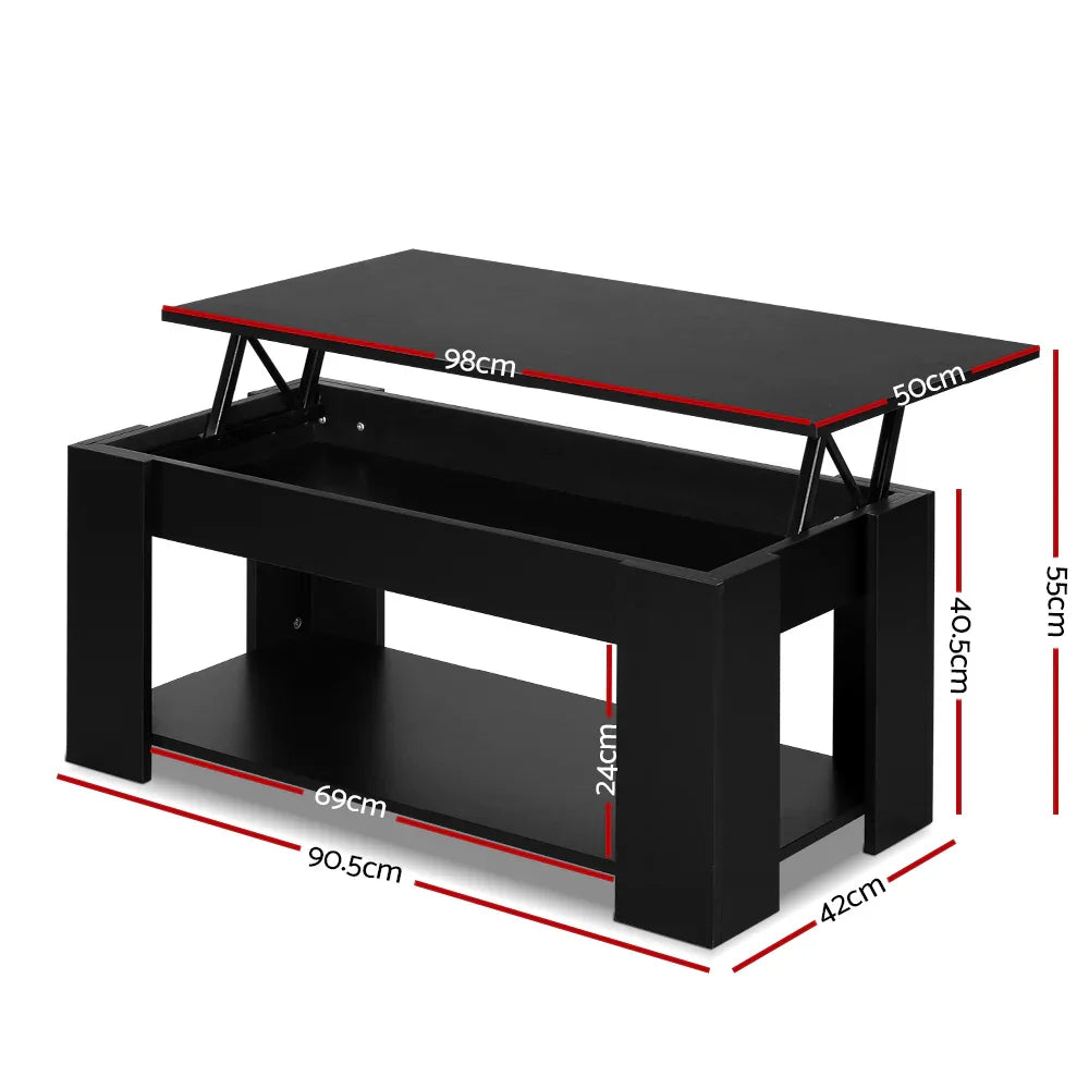 Black lift top coffee table with storage, shelving, and size dimensions in centimeters
