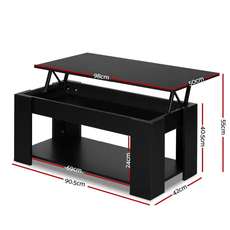 Black lift top coffee table with storage, shelving, and size dimensions in centimeters