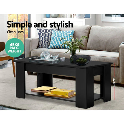 Black lift-top coffee table in modern living room, 45kg max weight, 42cm height, simple stylish design