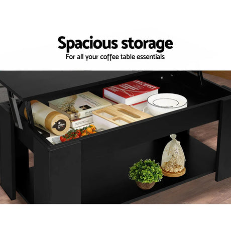 Black lift-top coffee table with spacious storage compartment and shelves, holding books, dishes, and decor