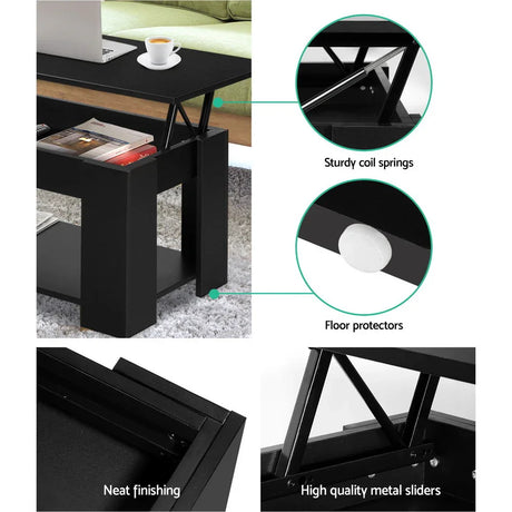 Black lift top coffee table with storage, sturdy coil springs, floor protectors, metal sliders