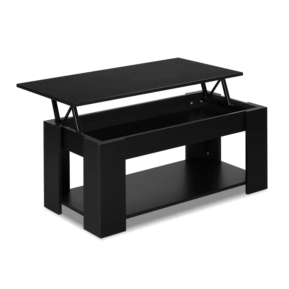 Black lift-top coffee table with storage shelf and modern design