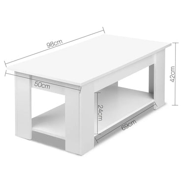 White rectangular coffee table with shelf, labeled dimensions 98cm x 50cm x 42cm