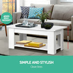 Modern white coffee table with open shelf in a stylish living room, 42cm high, 45kg max weight