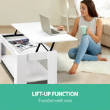 White lift-top coffee table with storage, woman using laptop and drinking coffee in living room