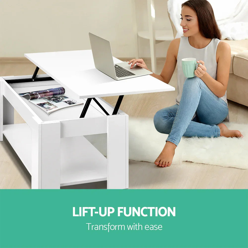 White lift-top coffee table with storage, woman using laptop and drinking coffee in living room