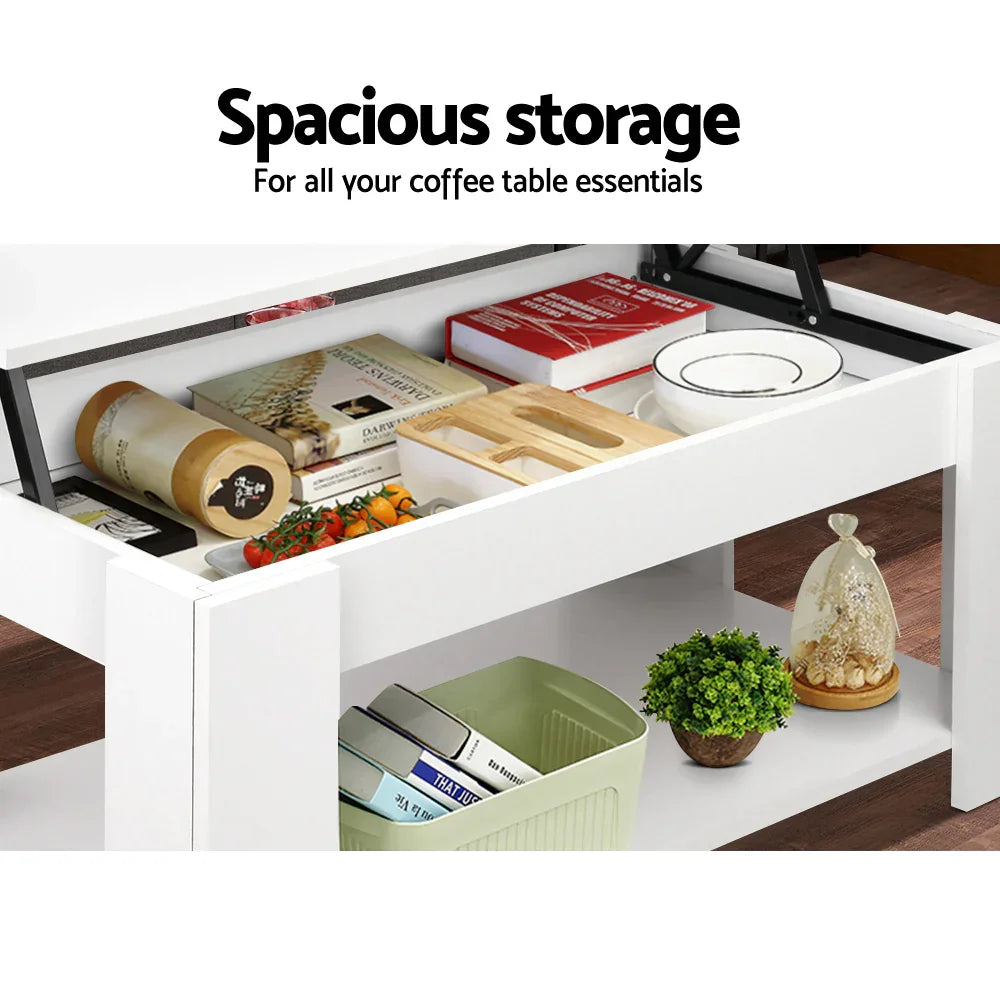 White lift-top coffee table with spacious hidden storage and organized shelves