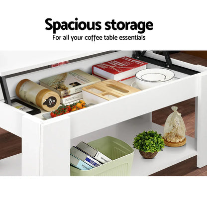 White lift-top coffee table with spacious hidden storage and organized shelves