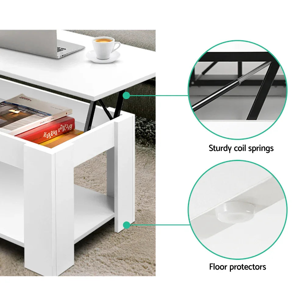 White lift top coffee table with storage shelf, shown with sturdy coil springs and floor protectors