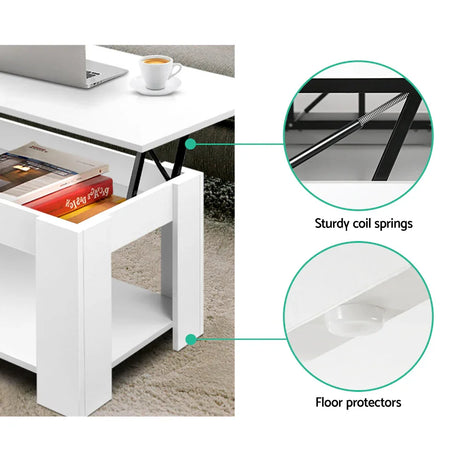 White lift top coffee table with storage shelf, shown with sturdy coil springs and floor protectors
