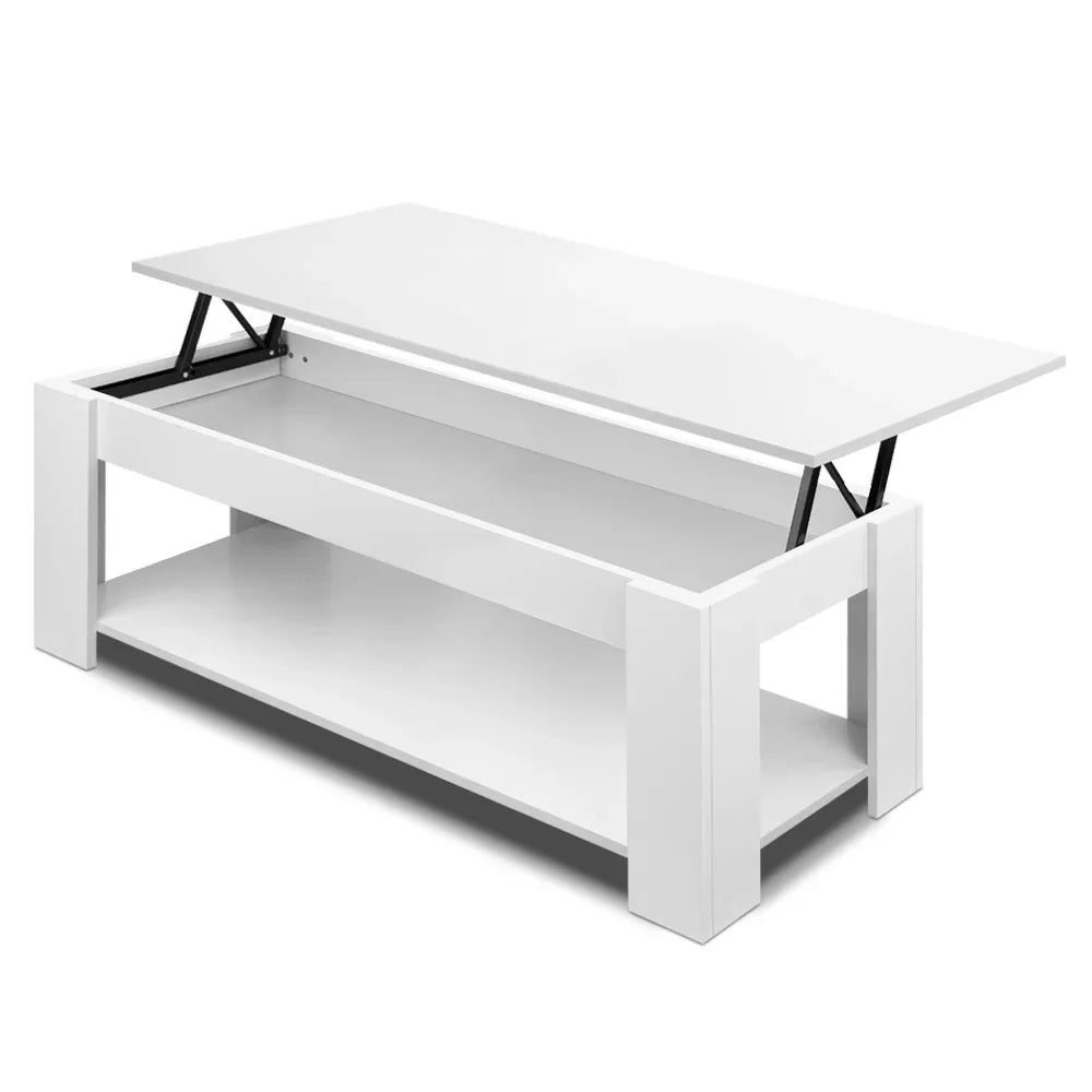 White lift-top coffee table with storage shelf and modern minimalist design