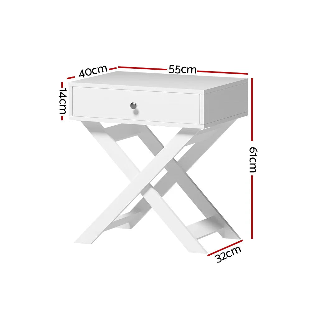 Modern white bedside table with single drawer, X-shaped legs, and labeled dimensions