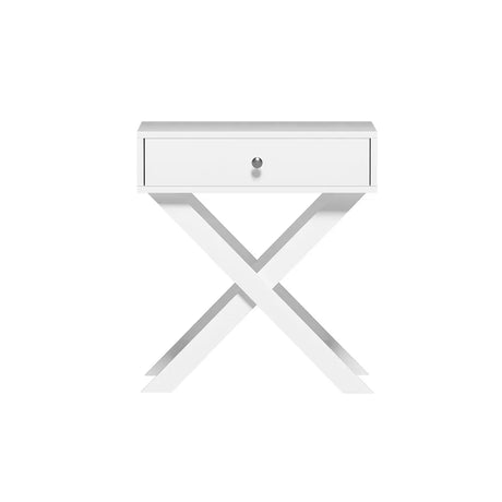 Modern white nightstand with X-shaped legs and single drawer, minimalist bedside table
