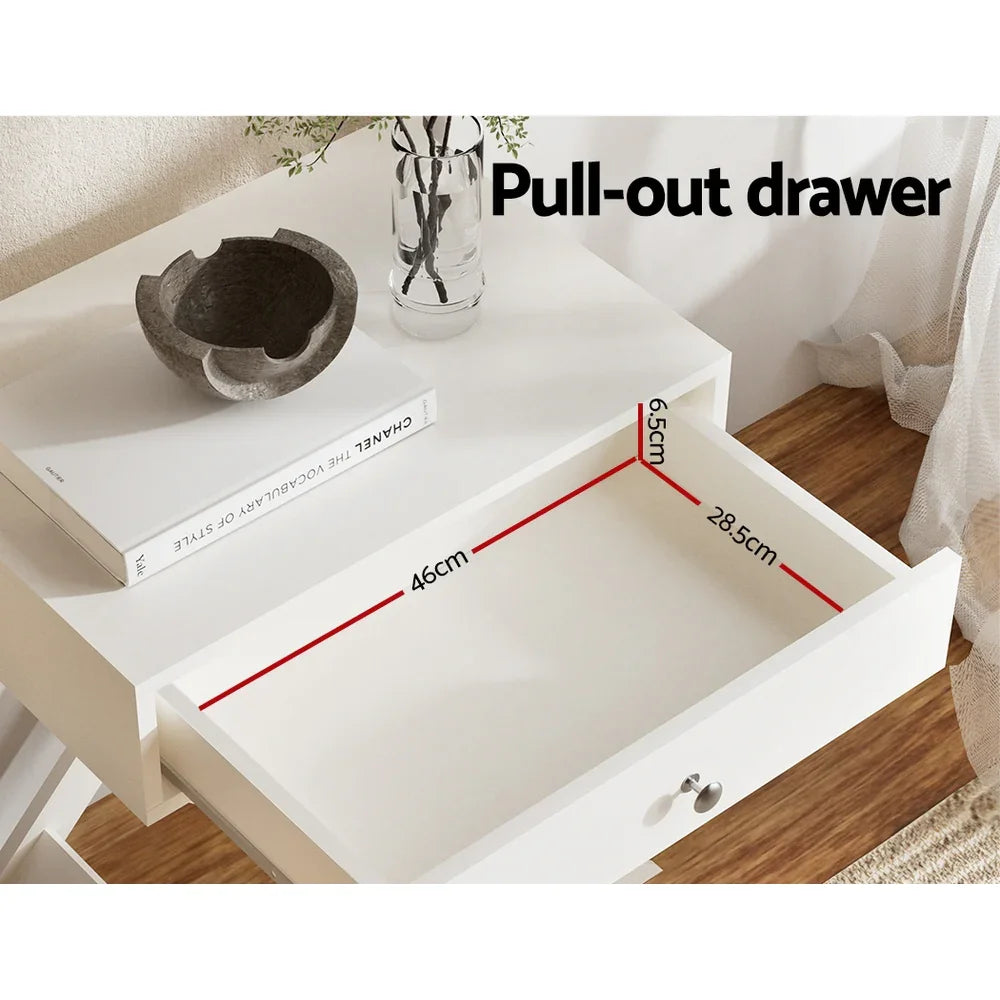 White pull-out drawer with size dimensions, modern desk decor, home office furniture