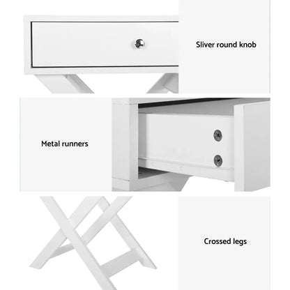 White side table with silver round knob, metal runners, and crossed legs