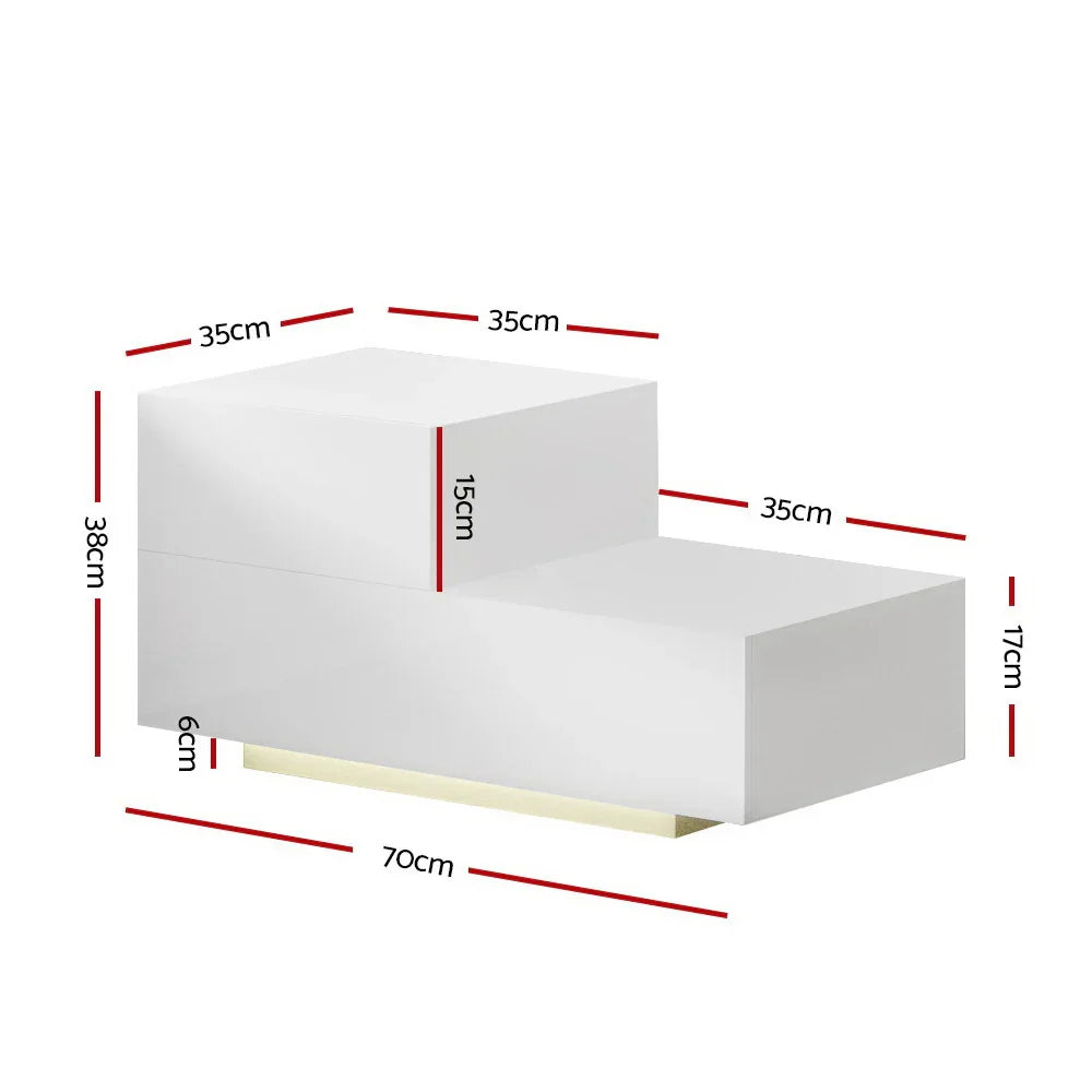 Modern white LED bench with step design, dimensions labeled in centimeters