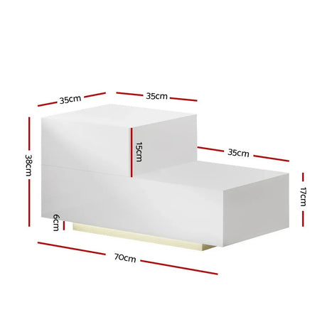 Modern white LED bench with step design, dimensions labeled in centimeters