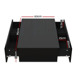 Black coffee table with storage compartments and marked dimensions in centimeters