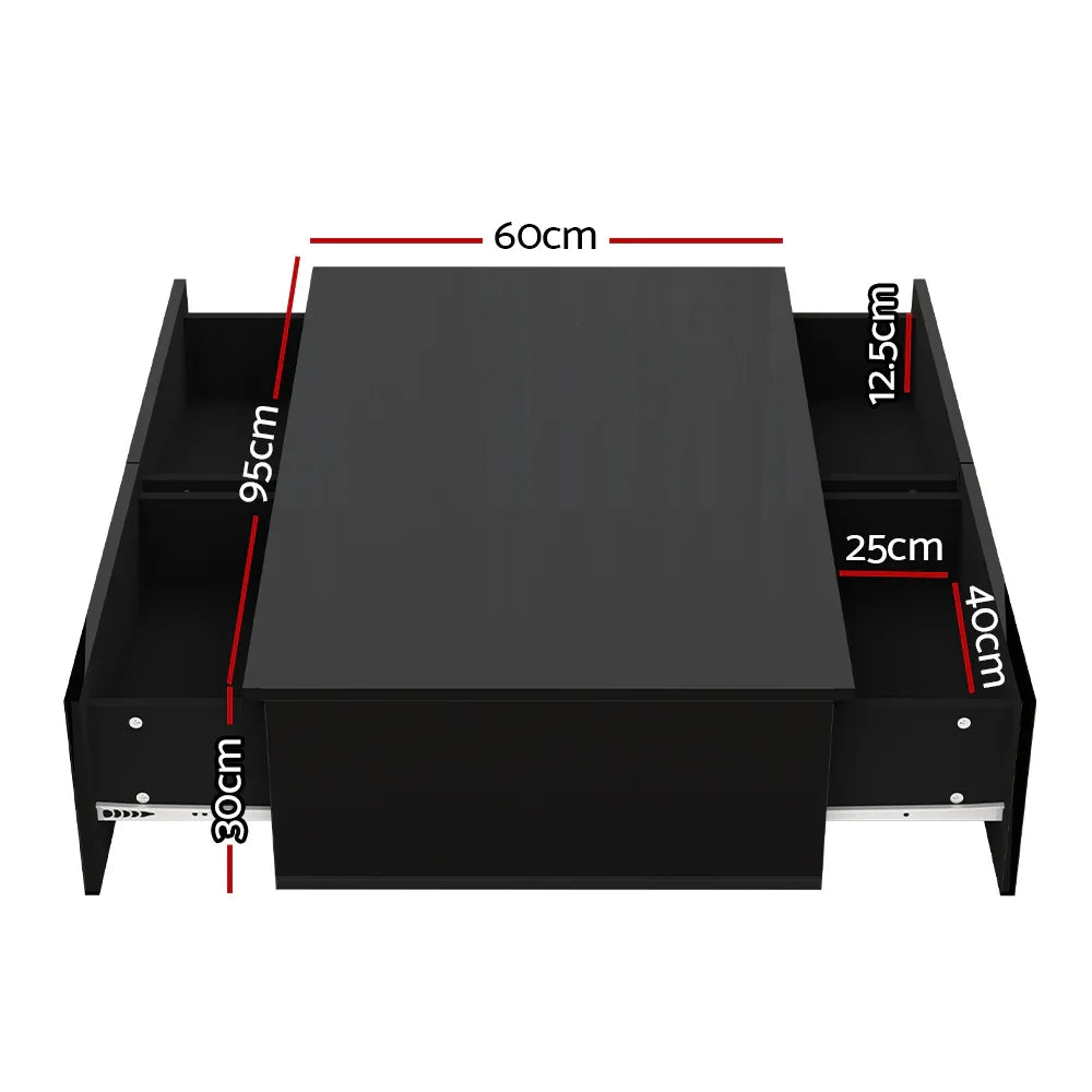 Black coffee table with storage compartments and marked dimensions in centimeters