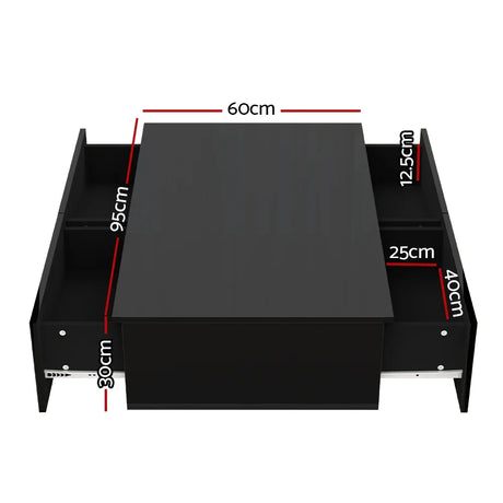 Black coffee table with storage compartments and marked dimensions in centimeters