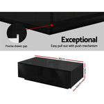 Black coffee table with push-to-open drawers, glossy finish, and precise drawer gaps, 95x60x31cm.