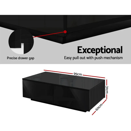 Black coffee table with push-to-open drawers, glossy finish, and precise drawer gaps, 95x60x31cm.