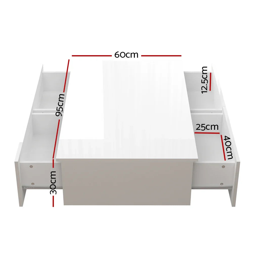 White coffee table with storage shelves, labeled measurements 95x60x30cm, 40x25x12.5cm compartments