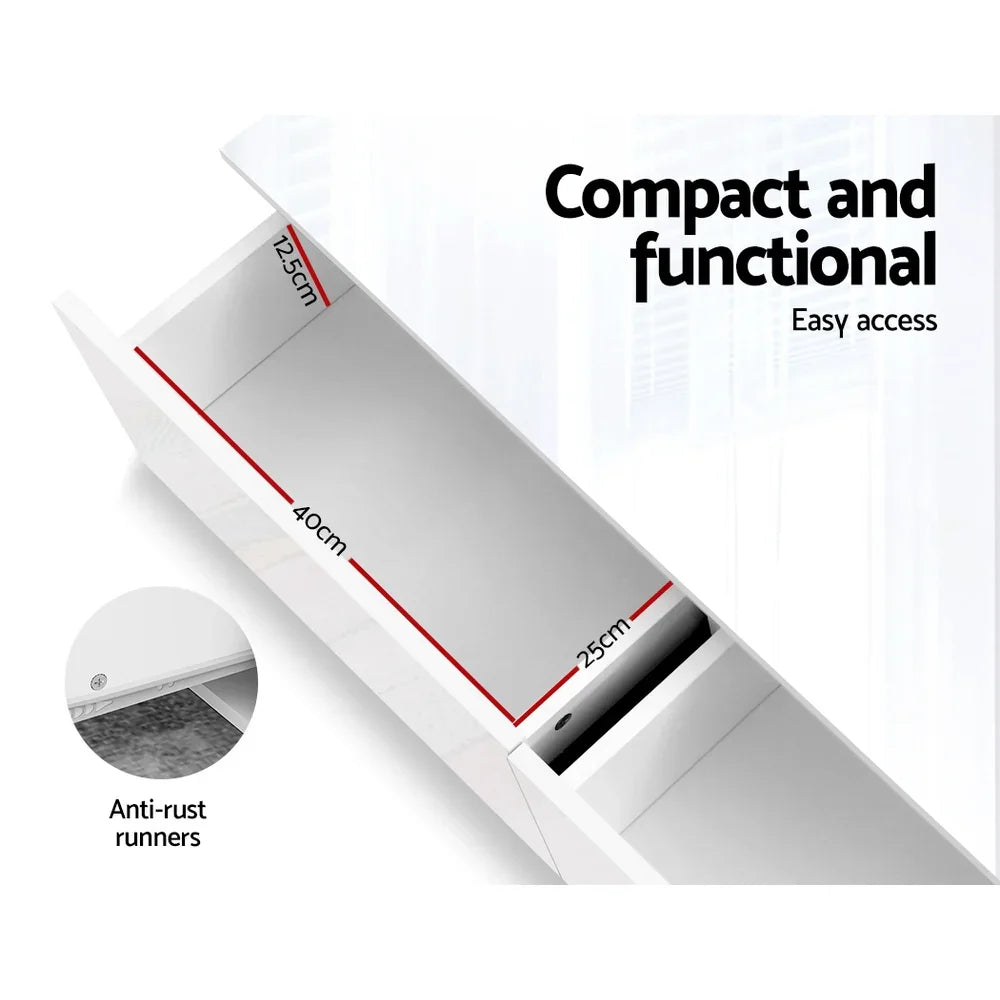 White compact drawer with anti-rust runners, labeled dimensions 40x25x12.5cm, modern design