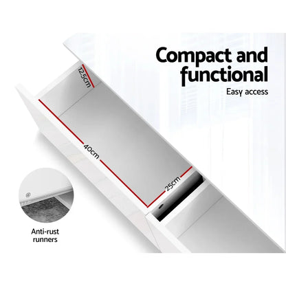 White compact drawer with anti-rust runners, labeled dimensions 40x25x12.5cm, modern design