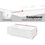 White modern coffee table with push-to-open drawers, precise gap, and size 95x60x31cm.