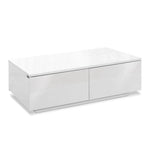 Modern white high gloss coffee table with drawers, minimalist rectangular design