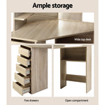 Corner Dressing Table 5 Drawers Oak with Stool - Artiss Vanity Desk