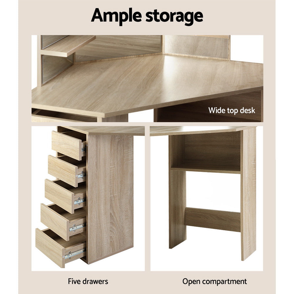 Corner Dressing Table 5 Drawers Oak with Stool - Artiss Vanity Desk