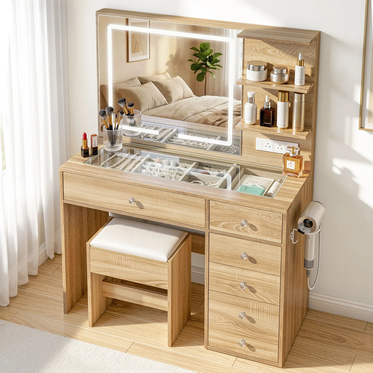 Dressing Table LED Vanity Desk Wood with Stool - Artiss Makeup Mirror