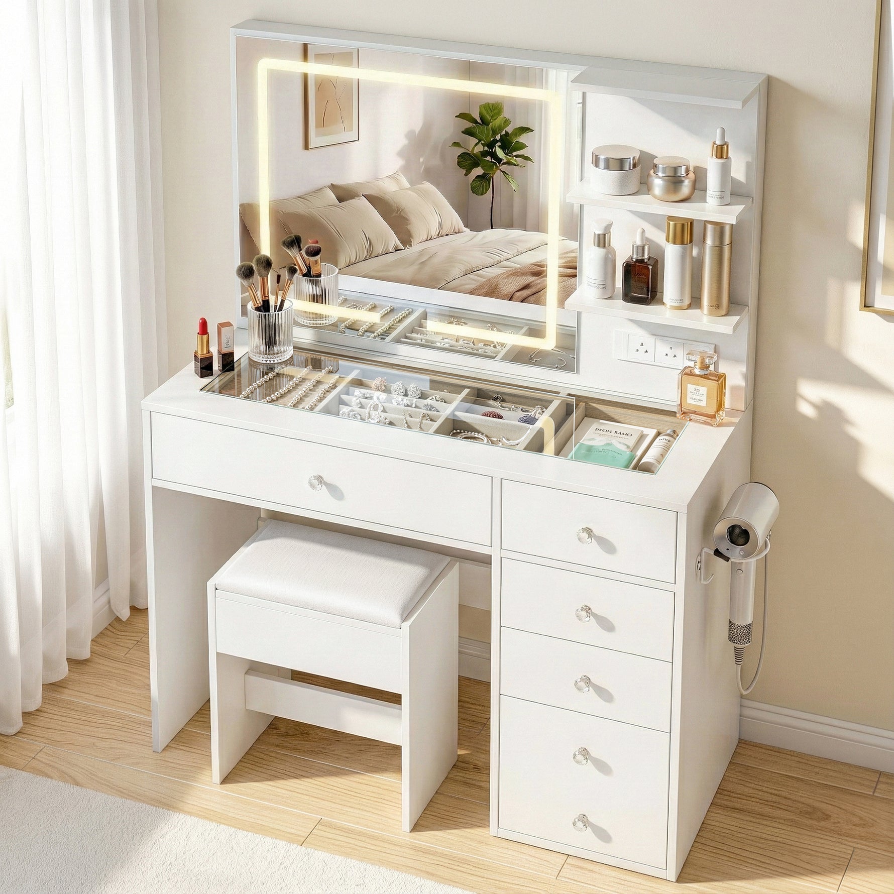 Dressing Table LED Vanity Desk White with Stool - Artiss Mirror