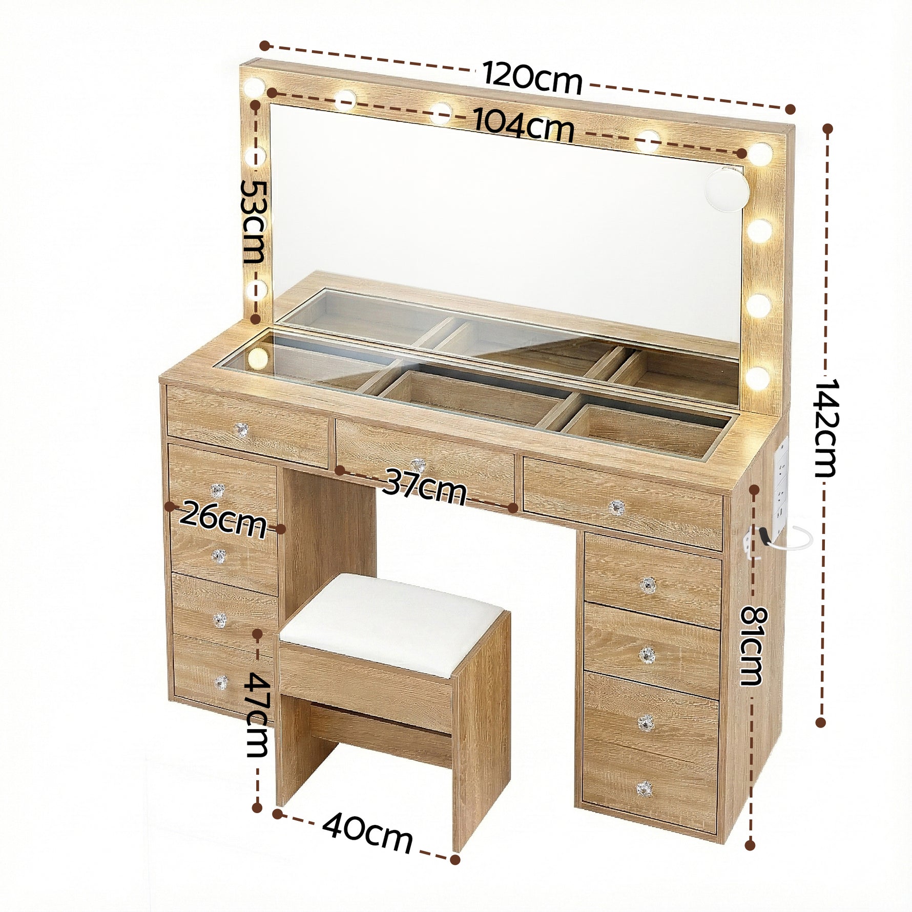 Dressing Table Wood with LED Bulbs & Stool - Artiss Vanity Desk