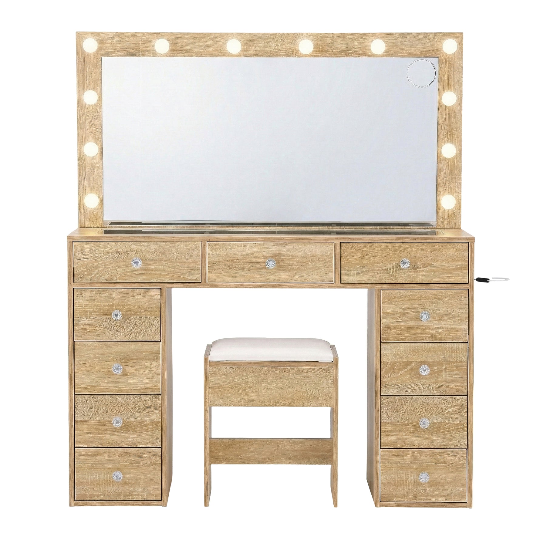 Dressing Table Wood with LED Bulbs & Stool - Artiss Vanity Desk