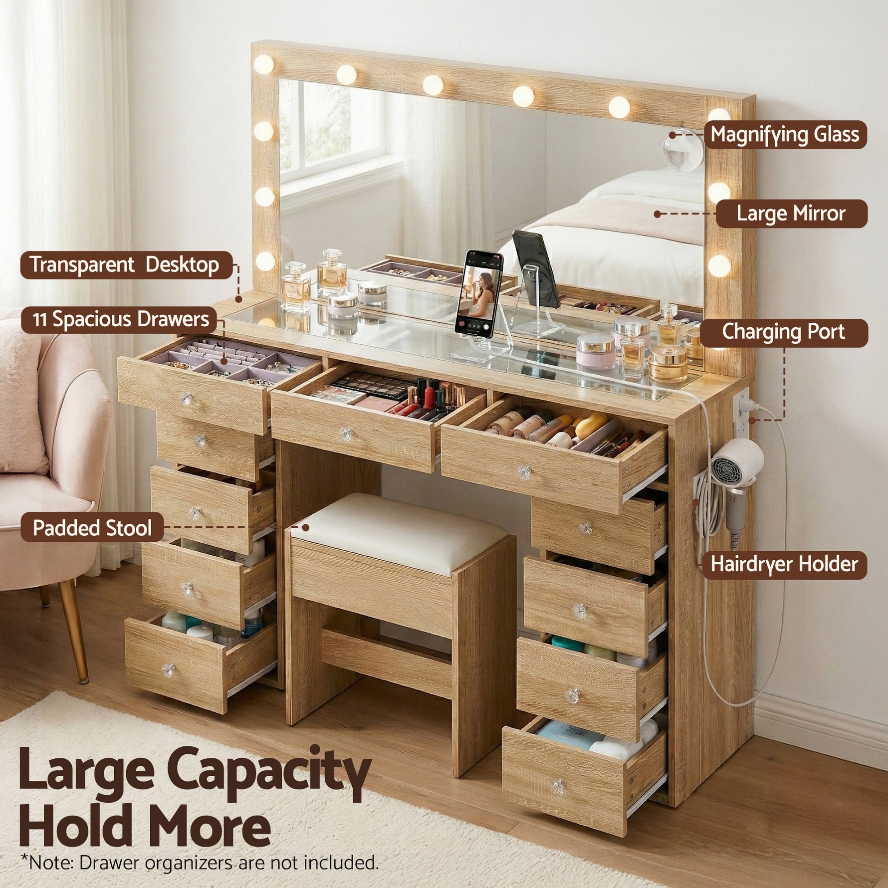 Dressing Table Wood with LED Bulbs & Stool - Artiss Vanity Desk