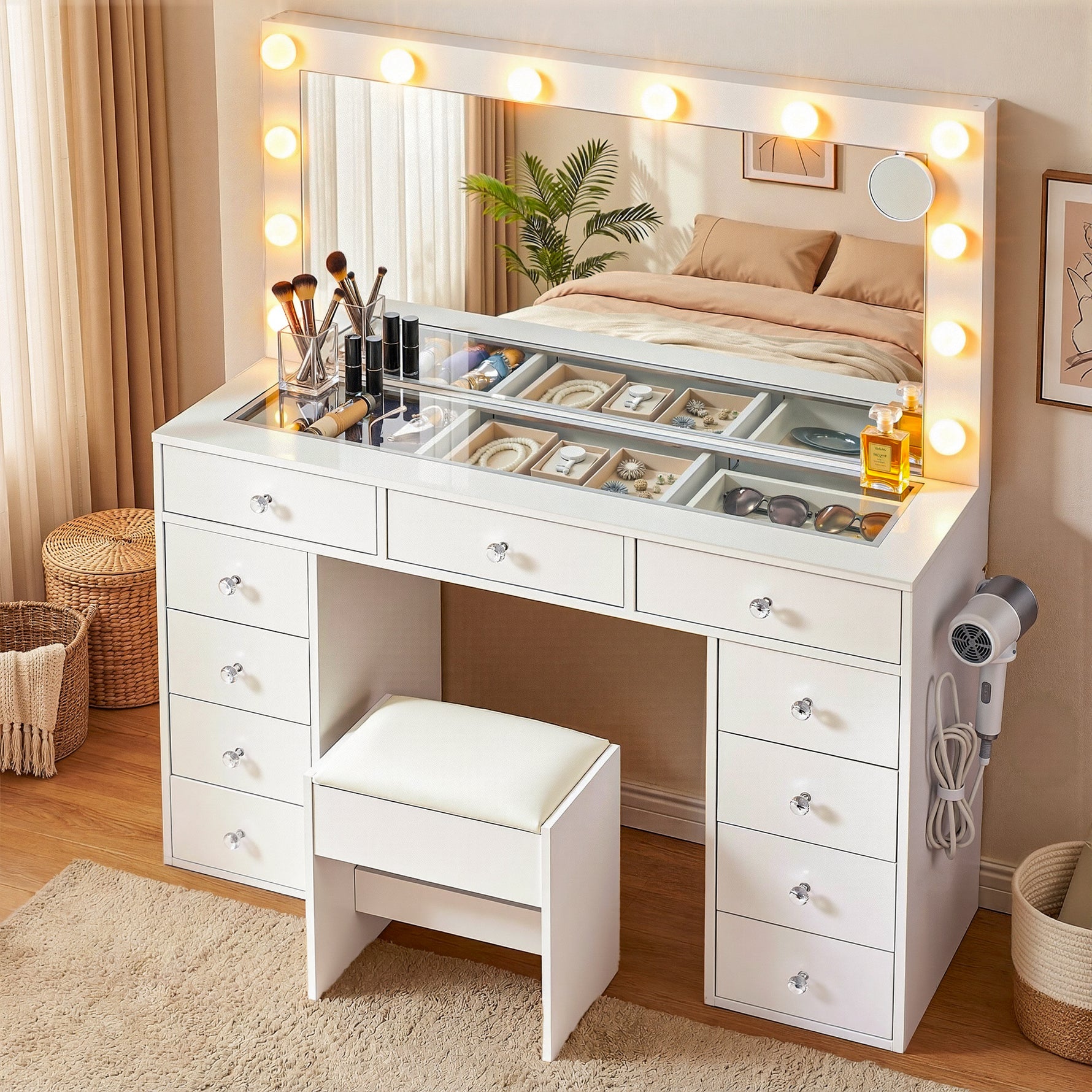 Dressing Table White with LED Bulbs & Stool - Artiss Vanity Desk