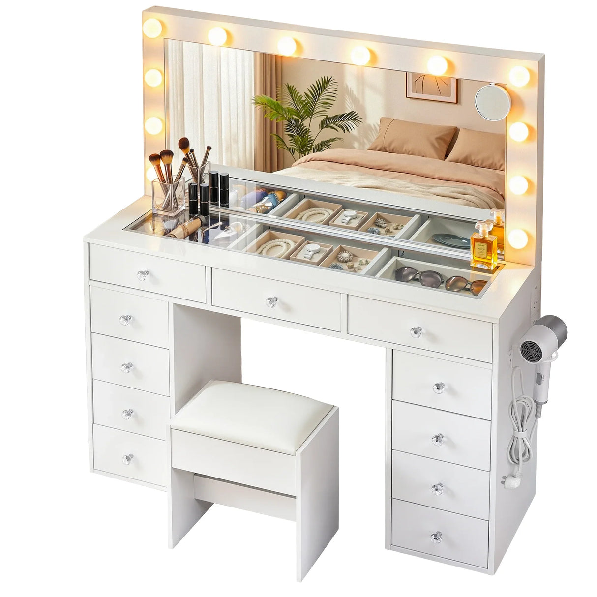 Dressing Table White with LED Bulbs & Stool - Artiss Vanity Desk