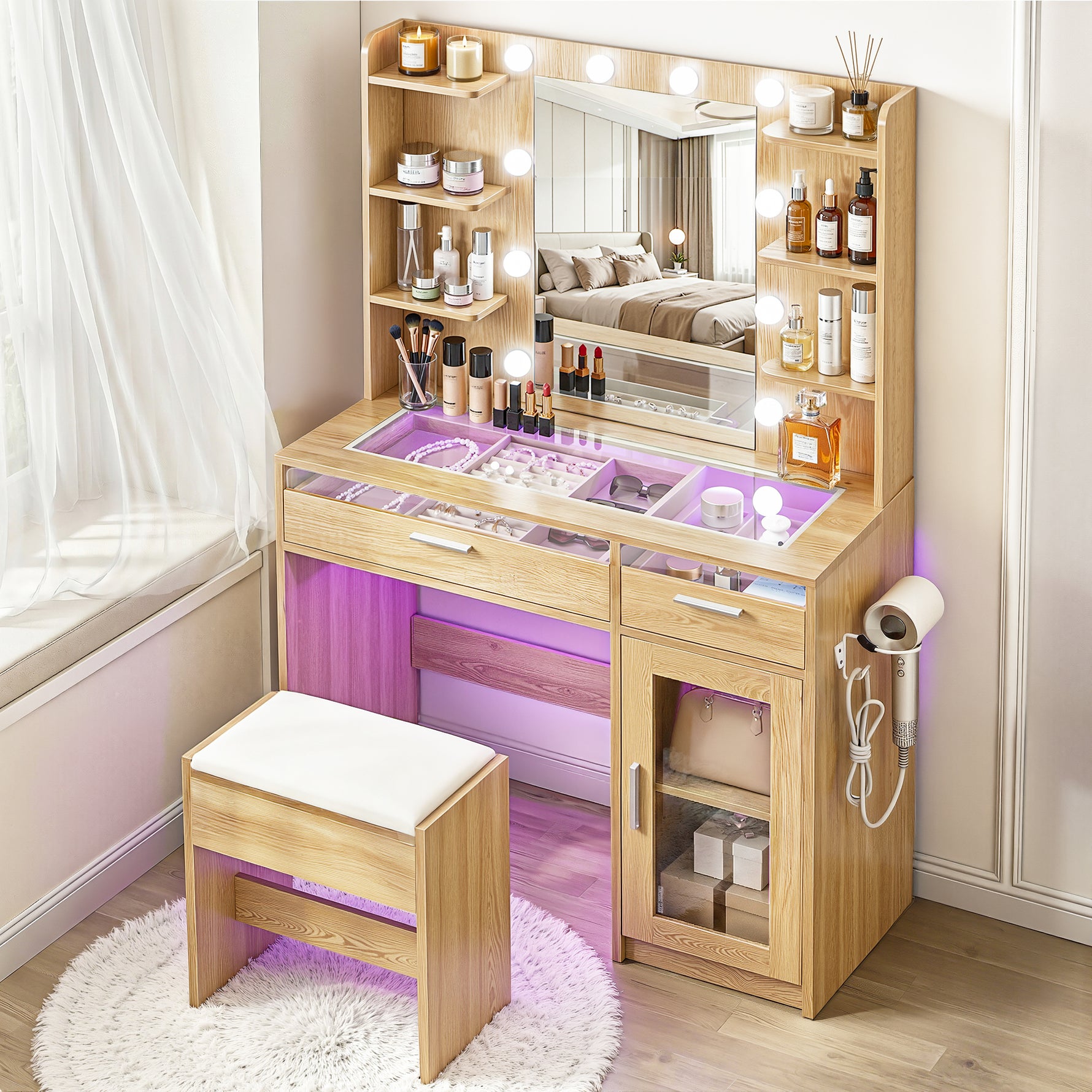 Dressing Table Wood with 10 LED Bulbs RGB Light - Artiss Vanity Desk