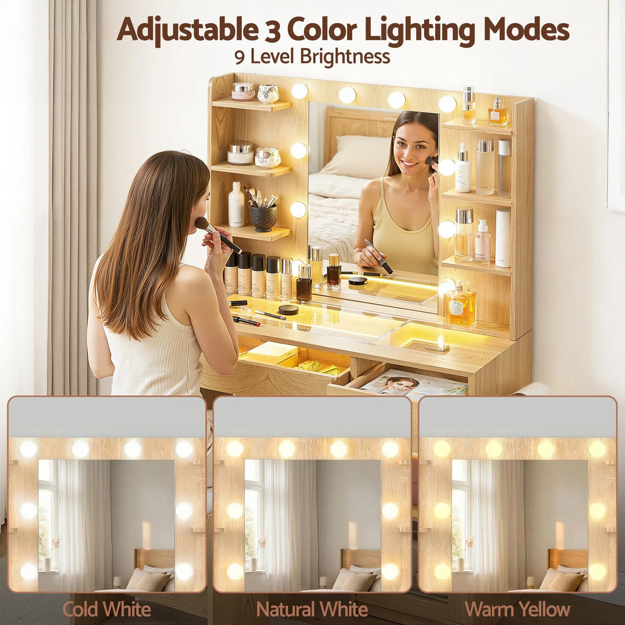 Dressing Table Wood with 10 LED Bulbs RGB Light - Artiss Vanity Desk