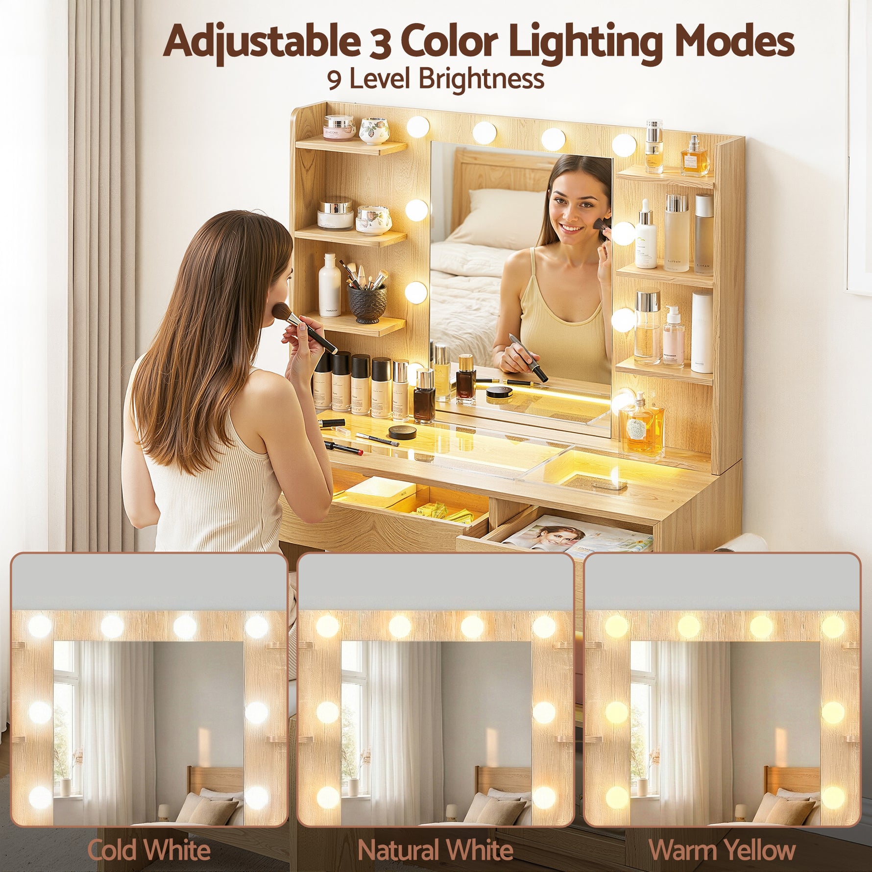 Dressing Table Wood with 10 LED Bulbs RGB Light - Artiss Vanity Desk