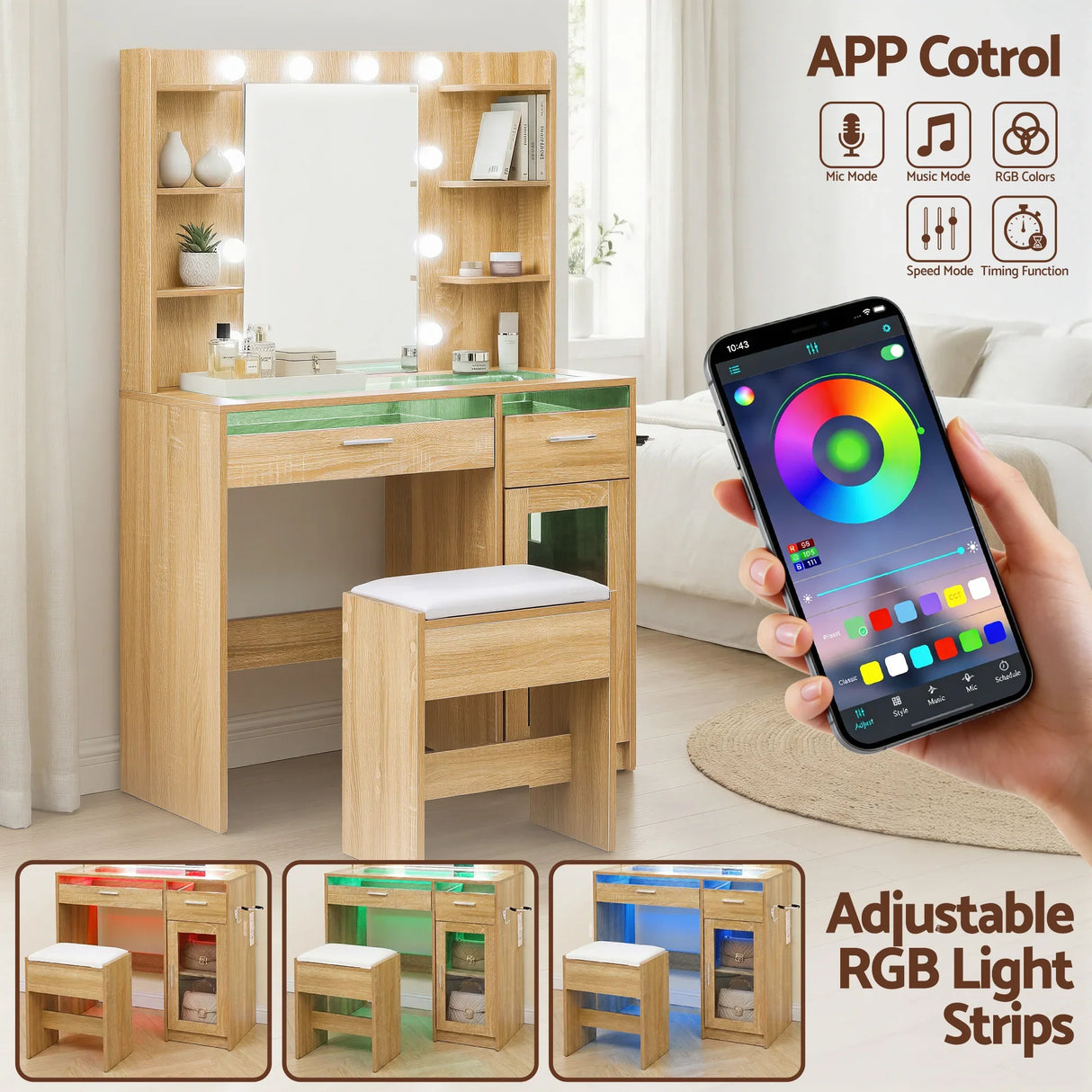Dressing Table Wood with 10 LED Bulbs RGB Light - Artiss Vanity Desk