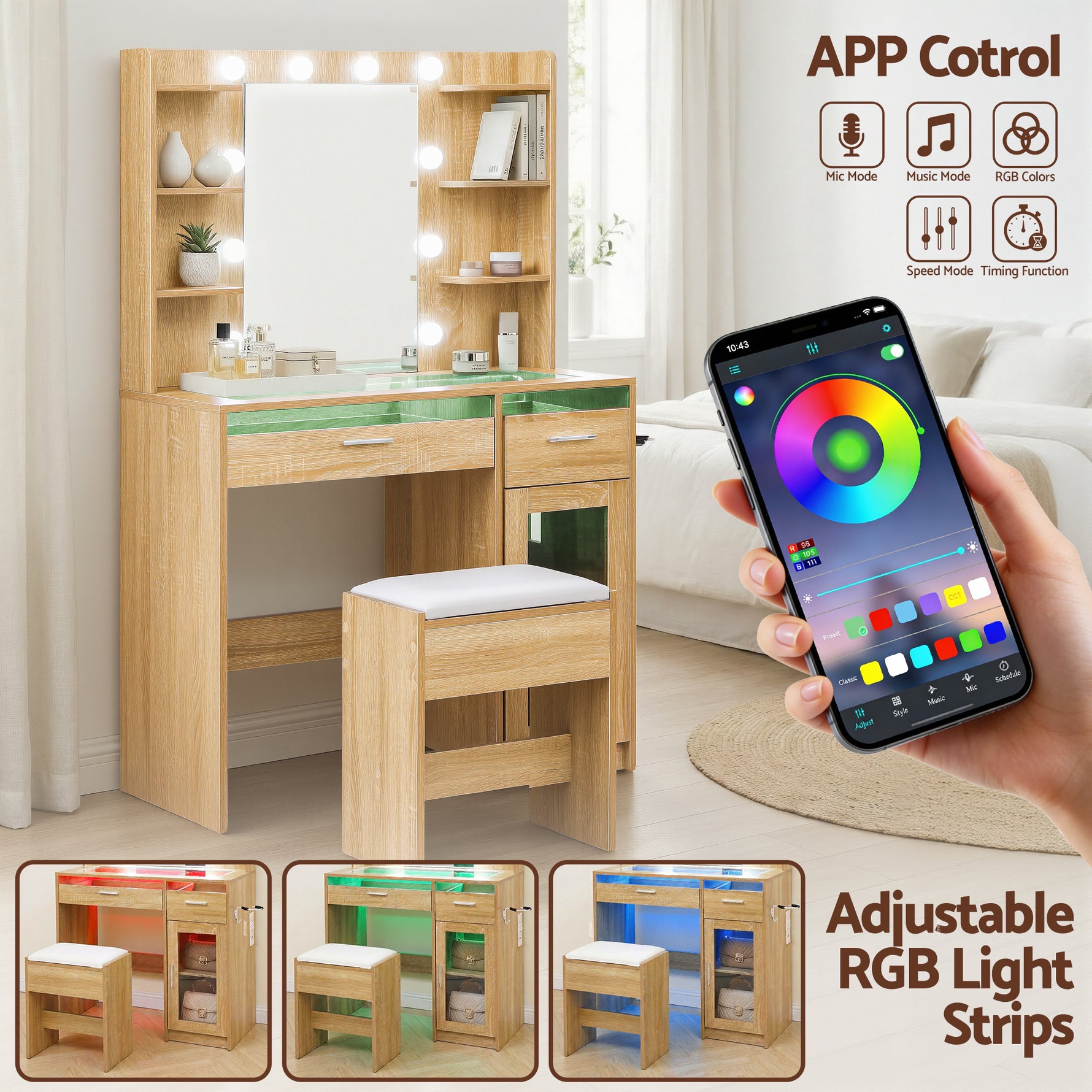 Dressing Table Wood with 10 LED Bulbs RGB Light - Artiss Vanity Desk