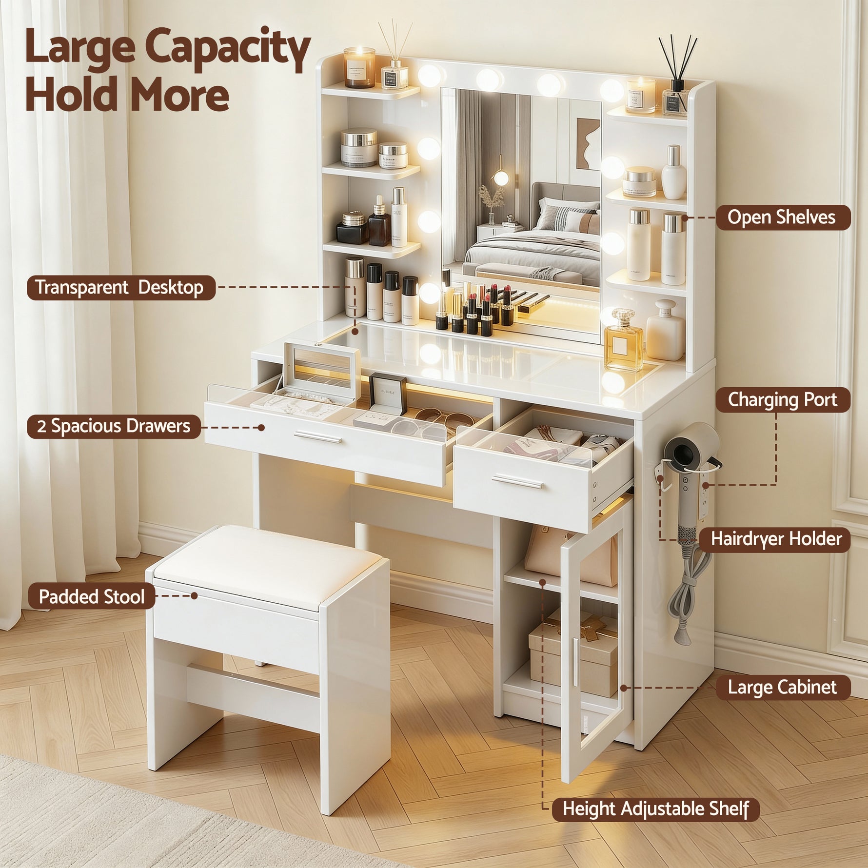 Dressing Table White with 10 RGB LED Bulbs - Artiss Vanity Desk