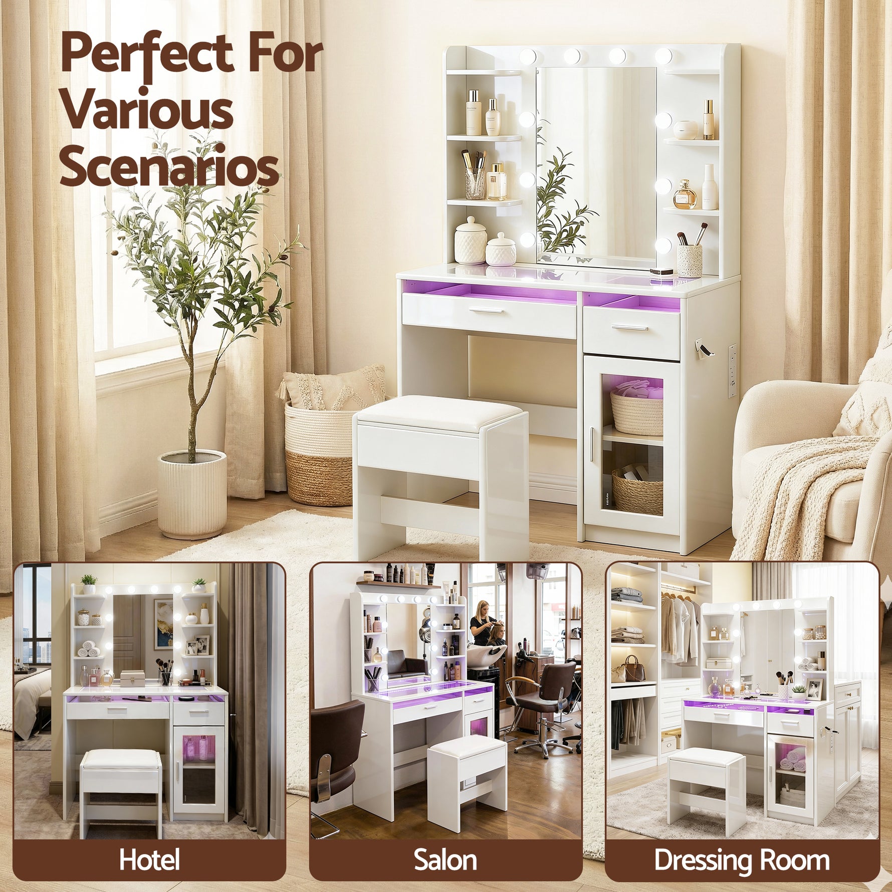 Dressing Table White with 10 RGB LED Bulbs - Artiss Vanity Desk