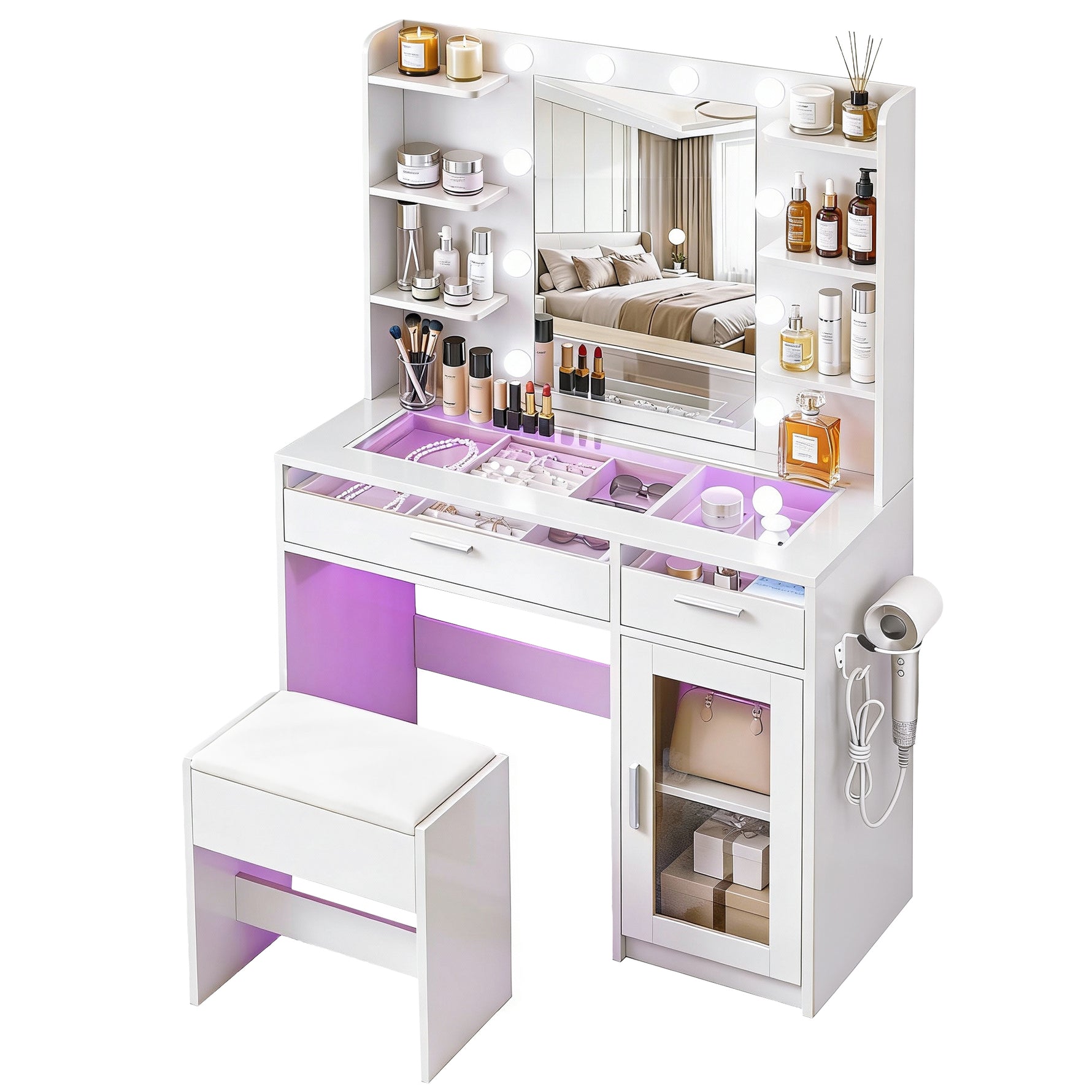 Dressing Table White with 10 RGB LED Bulbs - Artiss Vanity Desk
