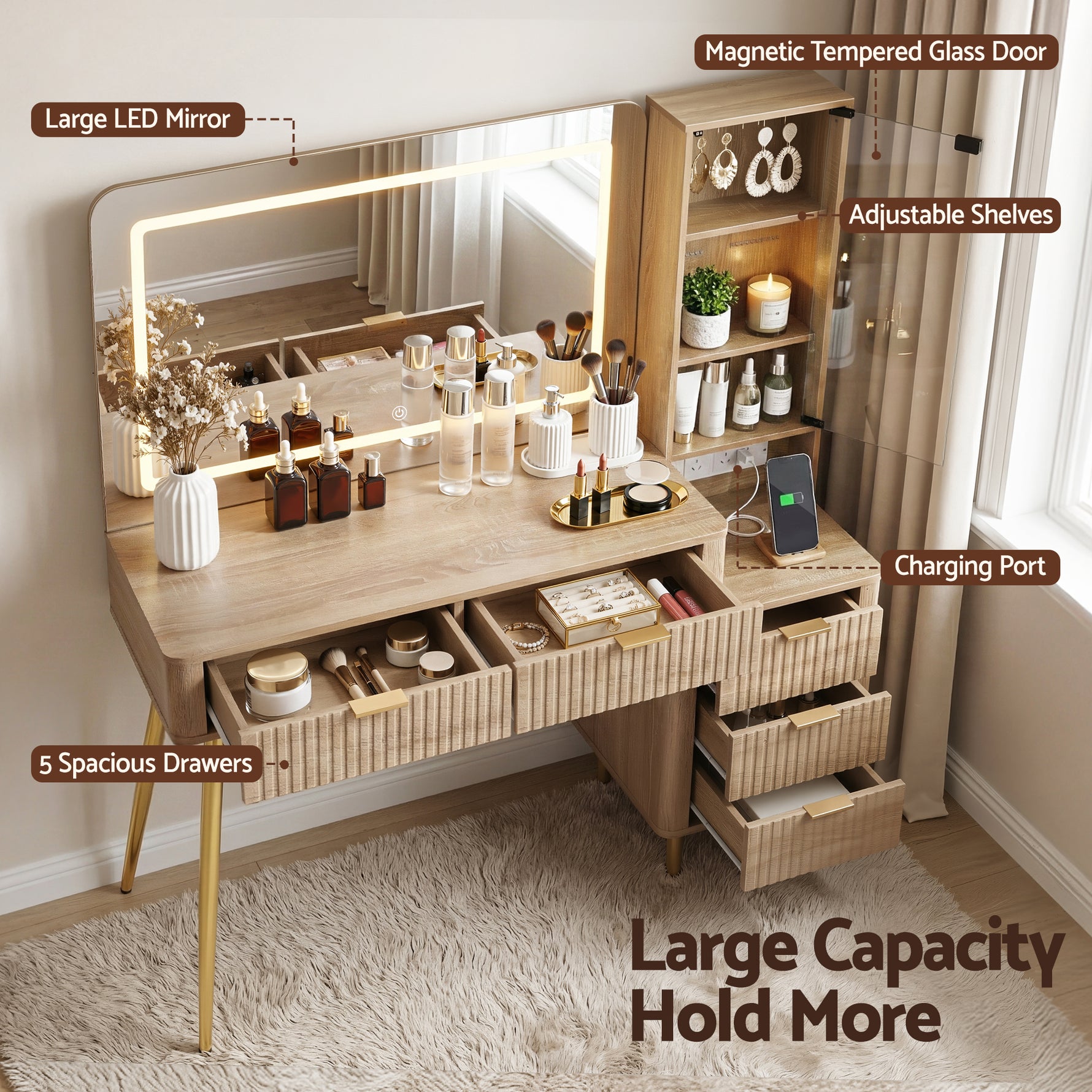 Dressing Table LED Vanity Desk Wood with Charging Station - Artiss